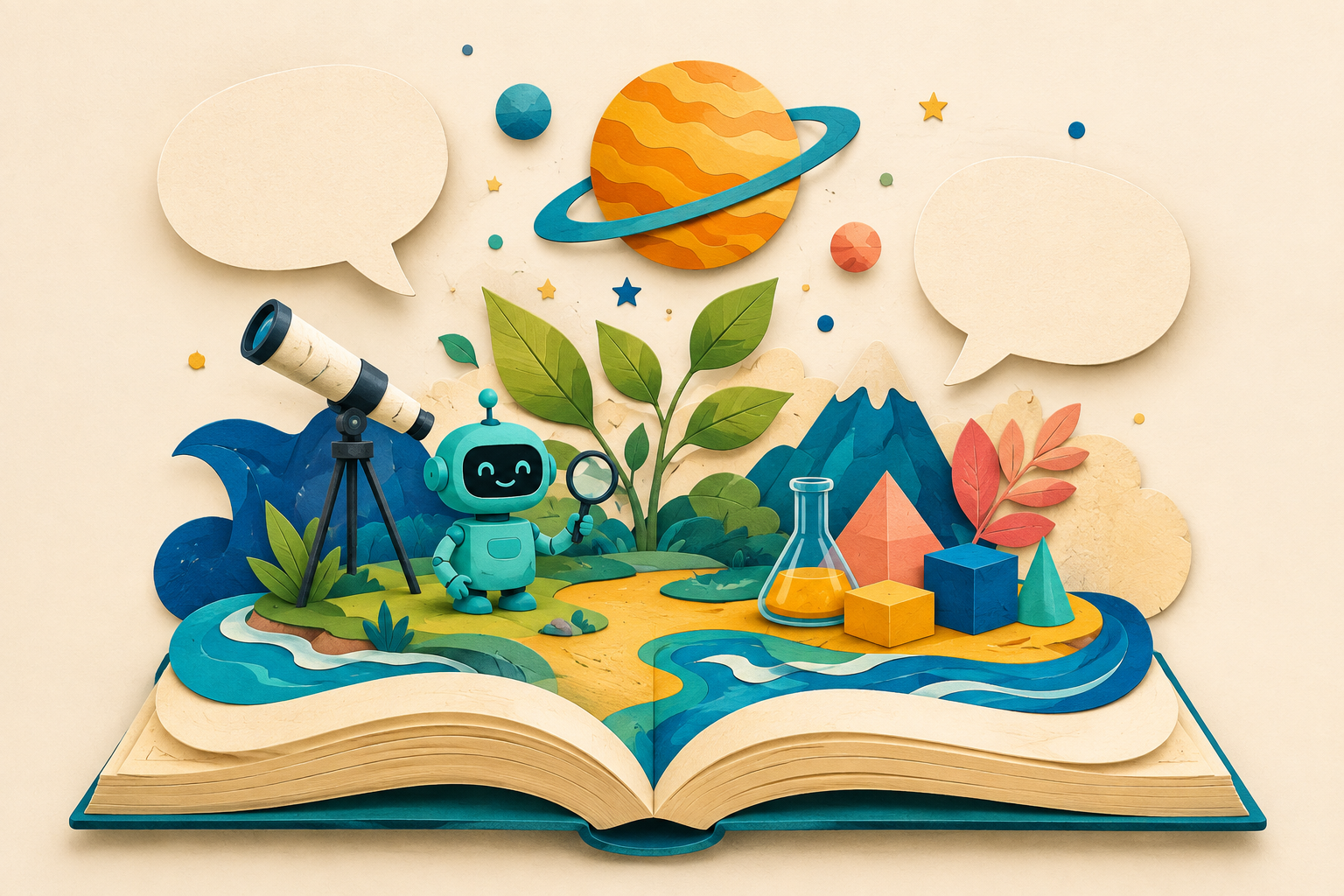 A friendly robot exploring a world of science, shapes and nature rising from an open book.